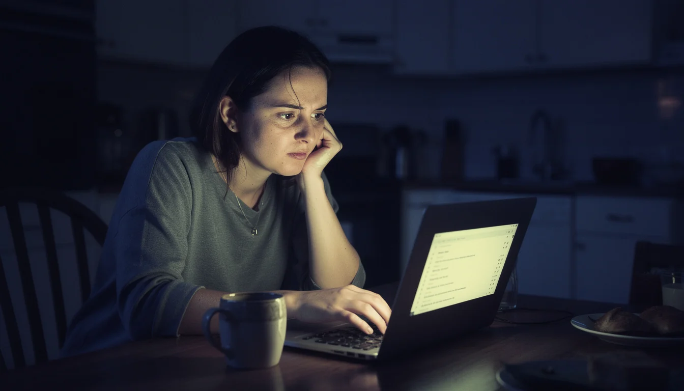 A focused job seeker at a laptop reviewing a list of job applications, natural window light, modern home office